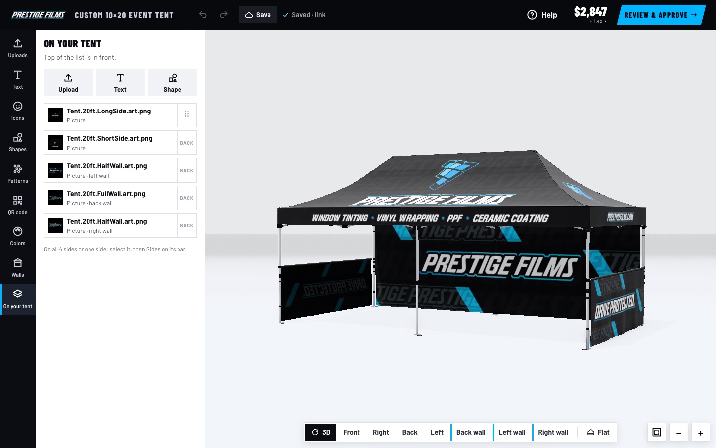 Our 3D designer with a 10 × 20 ft tent and its walls