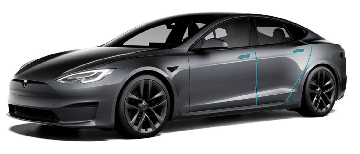 Door cup and door edge PPF add-on coverage shown on a Tesla Model S