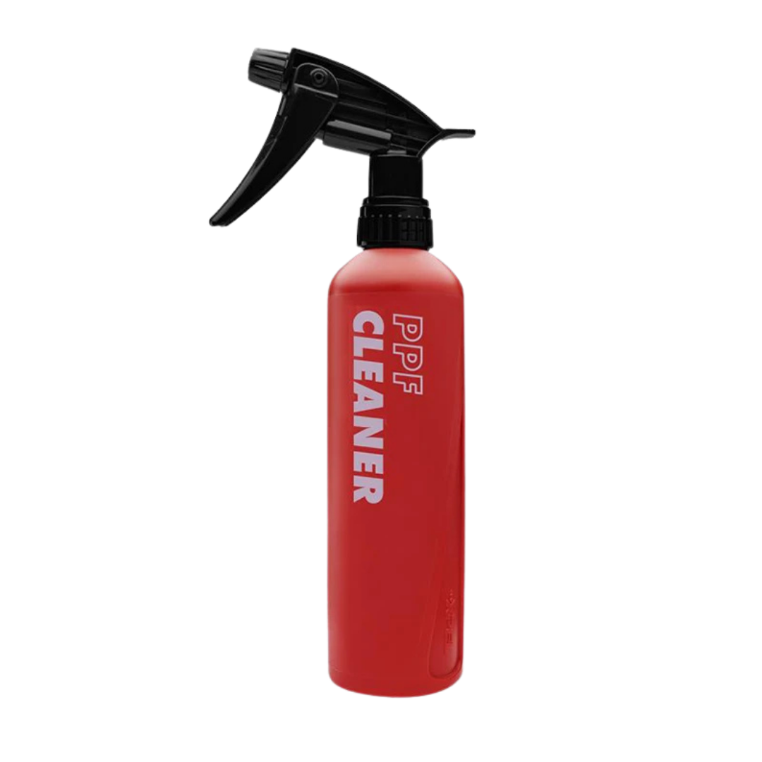 Red spray bottle labeled PPF Cleaner with a black trigger nozzle