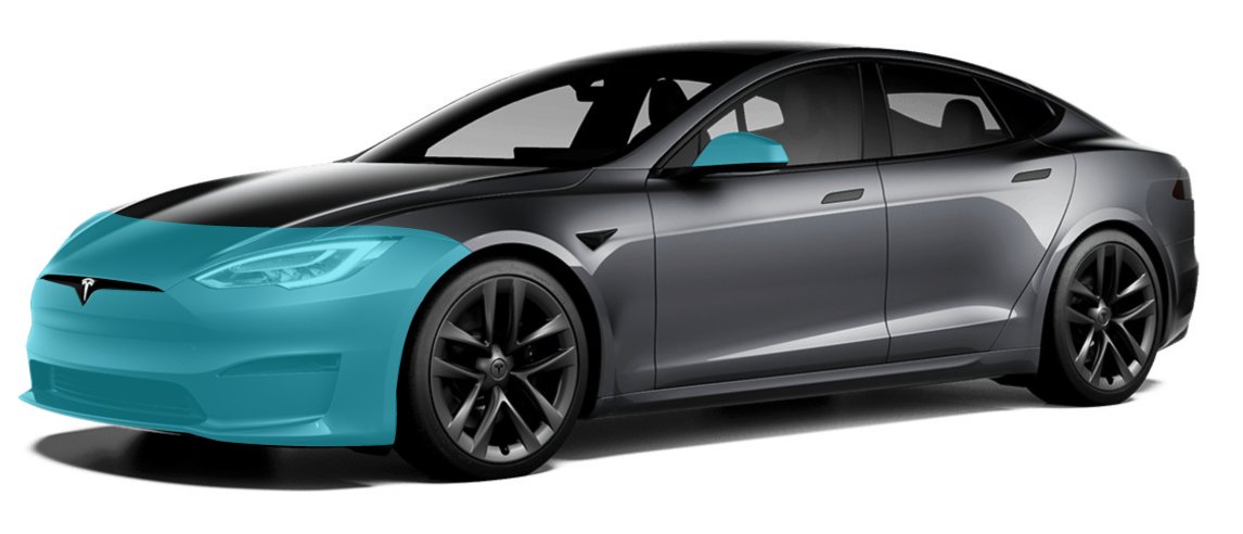 Partial front PPF package coverage shown on a Tesla Model S