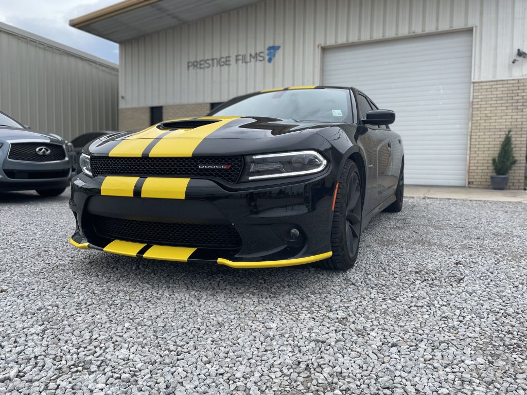 Black Dodge Charger RT with Yellow Racing Stripes