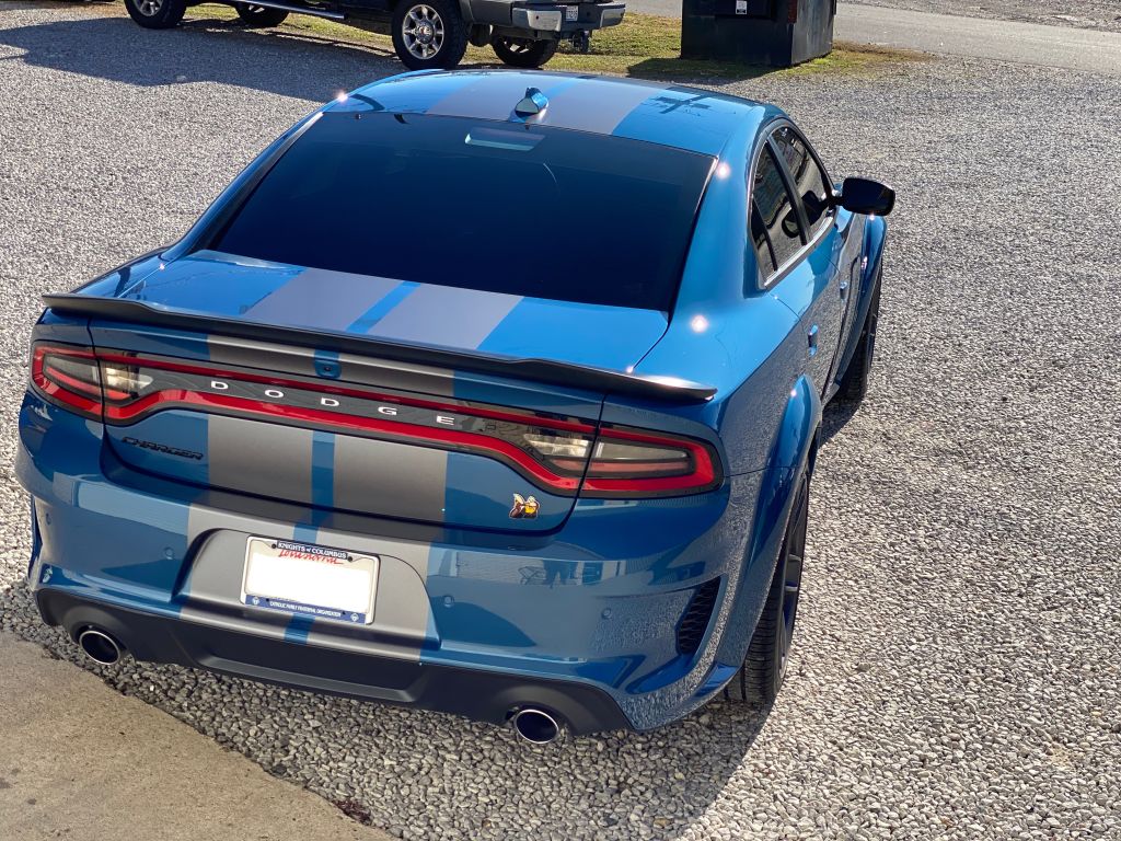 Blue Dodge Charger Scat Pack with Grey Racing Stripes