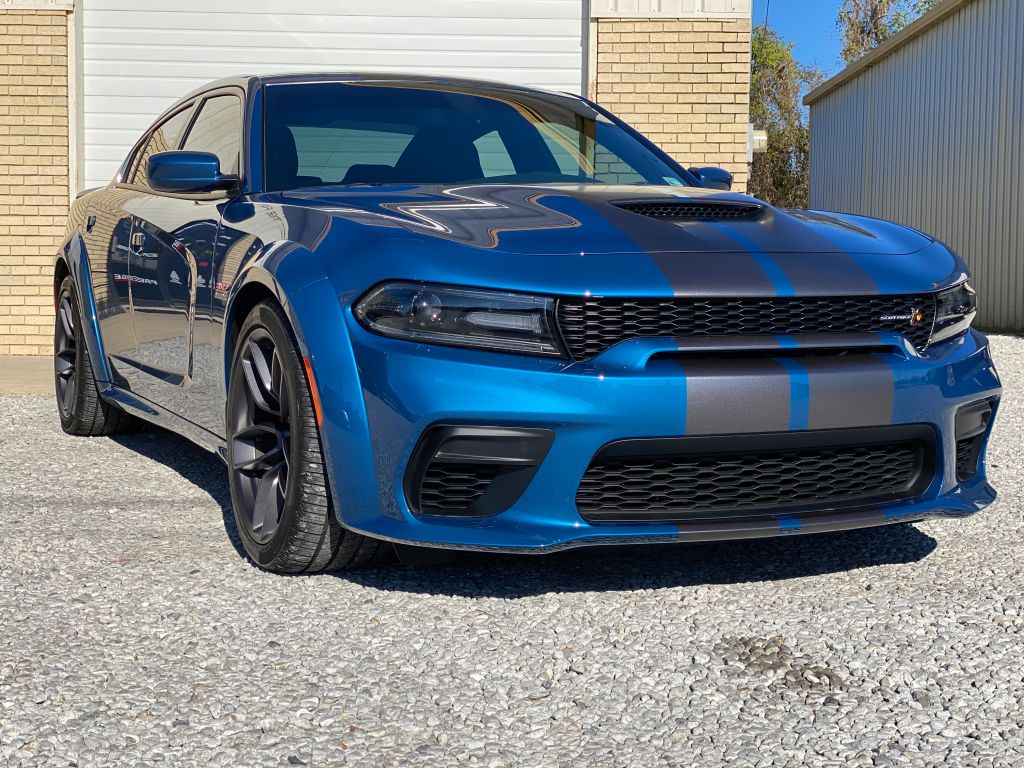 Blue Dodge Charger Scat Pack with Grey Racing Stripes