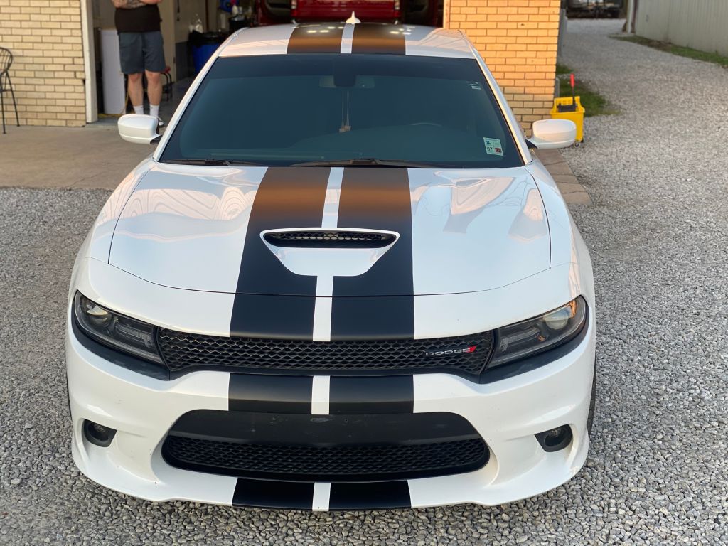White Dodge Charger RT with Satin Black Racing Stripes