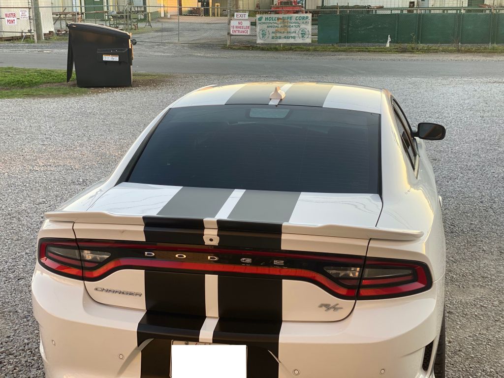 White Dodge Charger RT with Black racing stripes