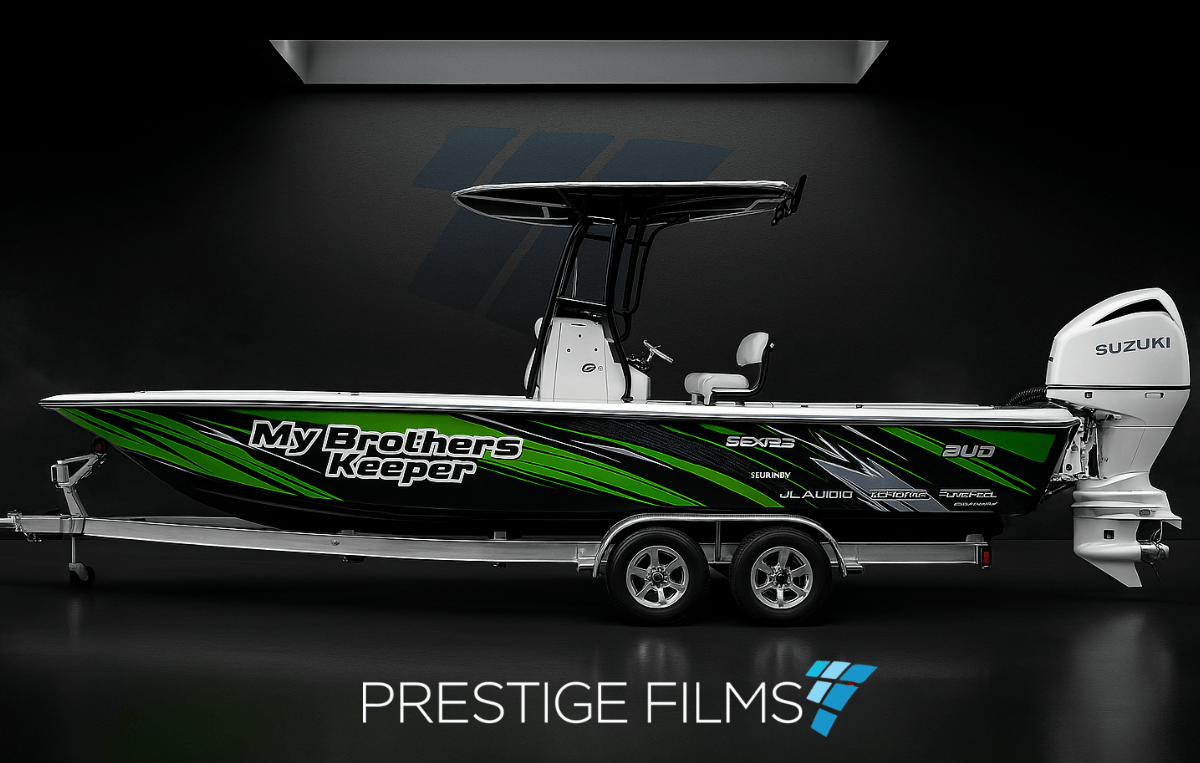 Custom printed boat wrap by Prestige Films