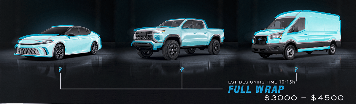 Full wrap pricing: $3,000 to $4,500, estimated design time 10 to 15 hours