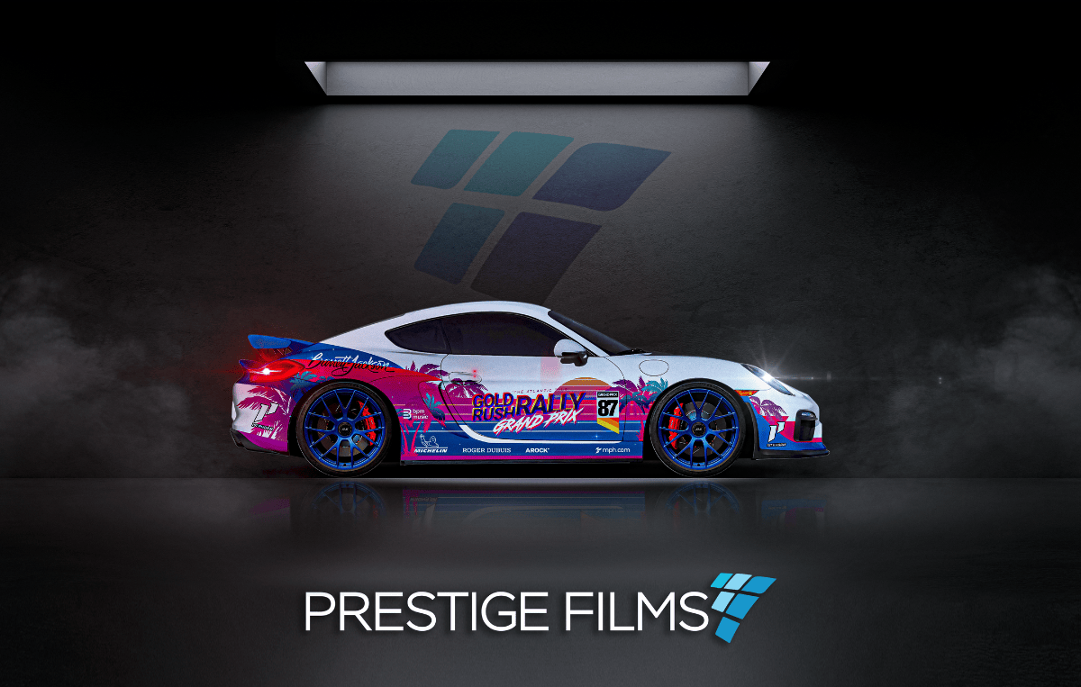 Custom printed vinyl wrap on a Porsche by Prestige Films