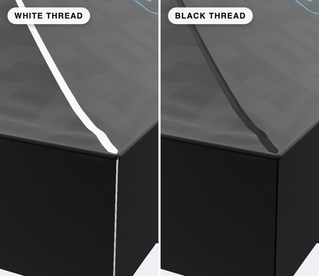 Close-up of our tent roof seam and edge band, sewn in white thread and in black thread