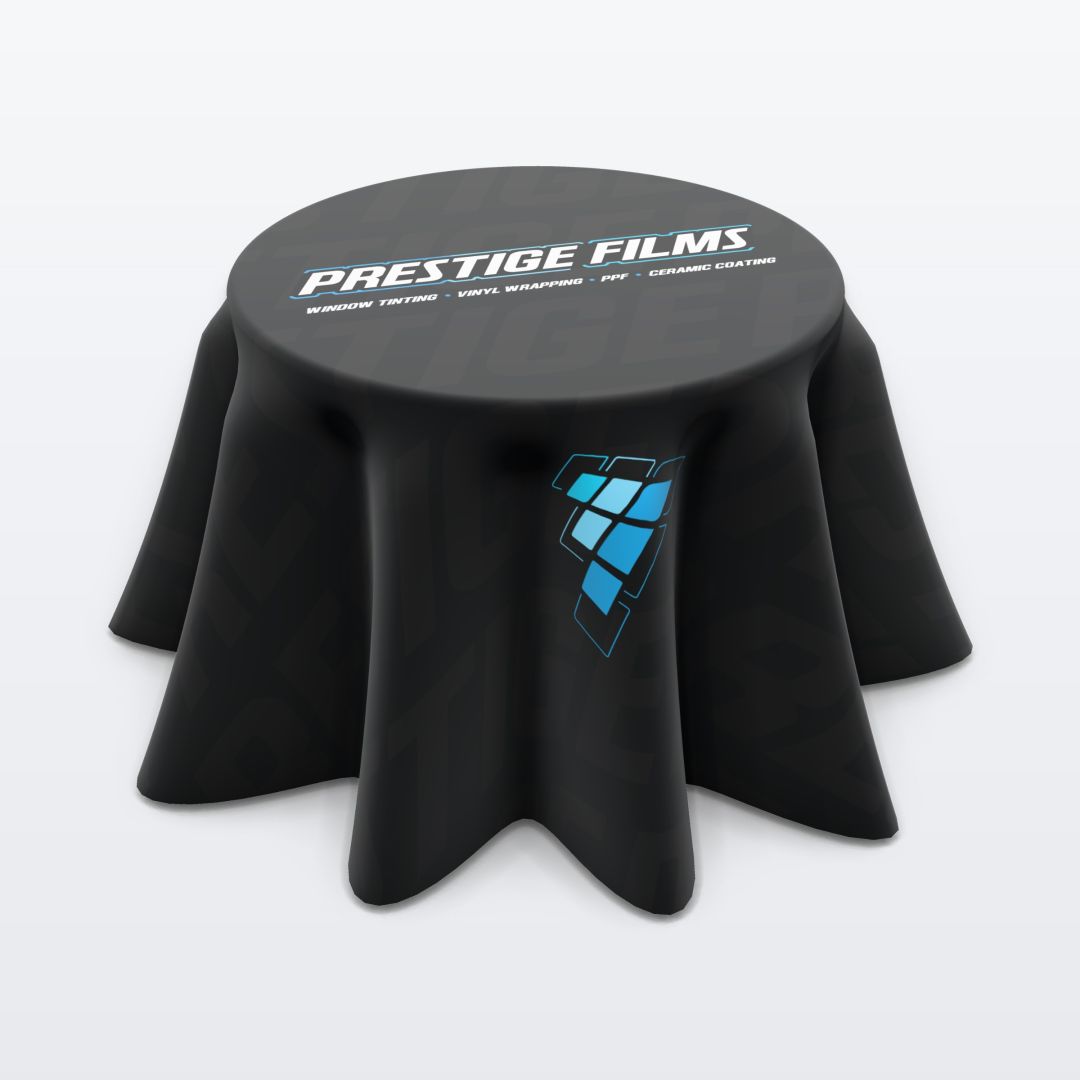 Custom printed 36 in round tablecloth, standard height with the Prestige Films design