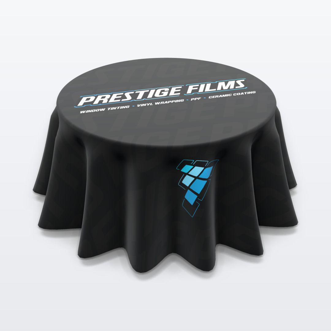Custom printed 48 in round tablecloth, standard height with the Prestige Films design