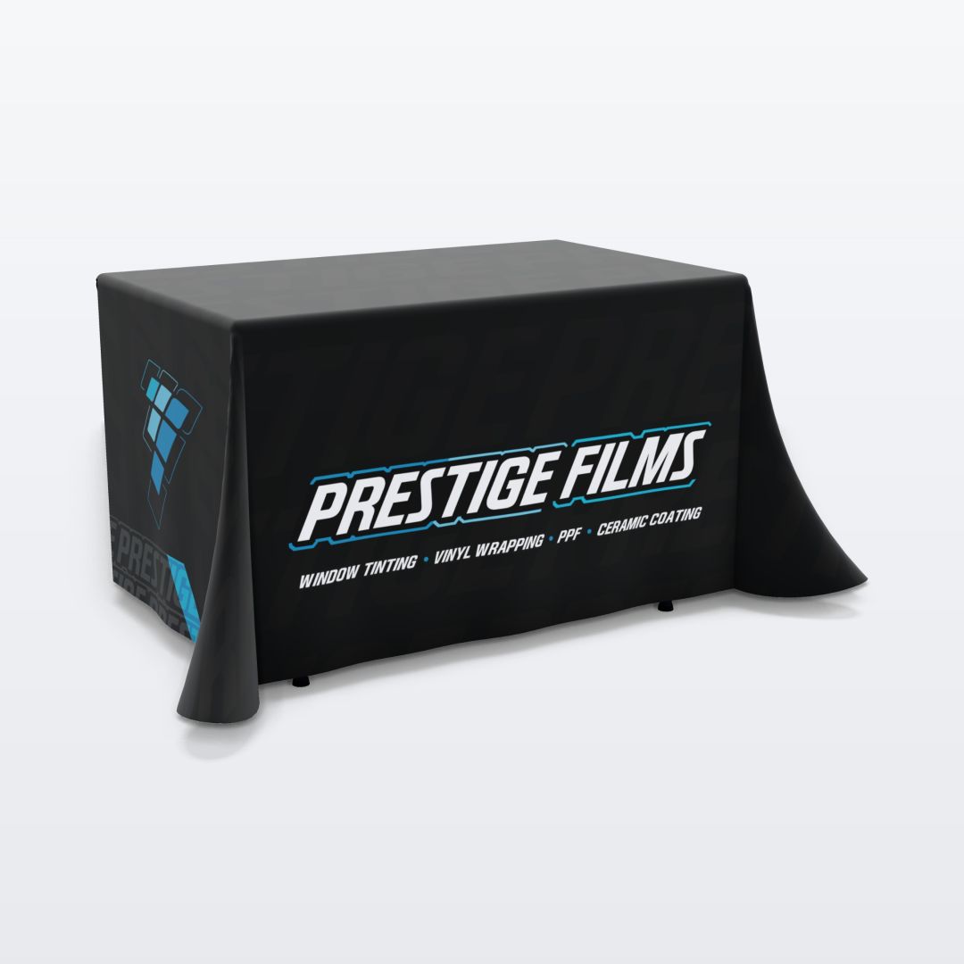 Custom printed 4 ft table throw, 3-sided (open back) with the Prestige Films design