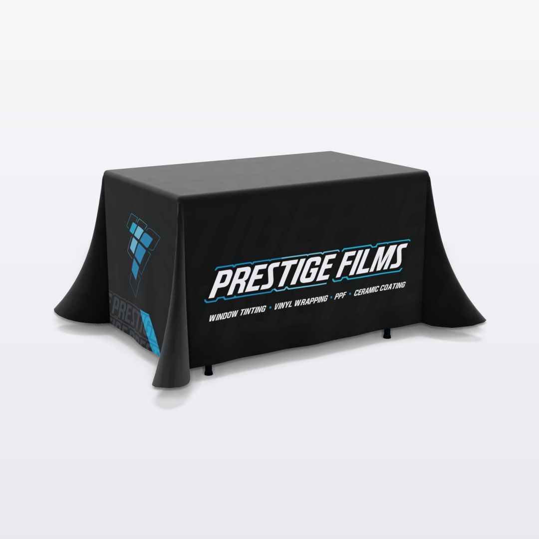 Custom printed 4 ft table throw, 4-sided (closed back) with the Prestige Films design