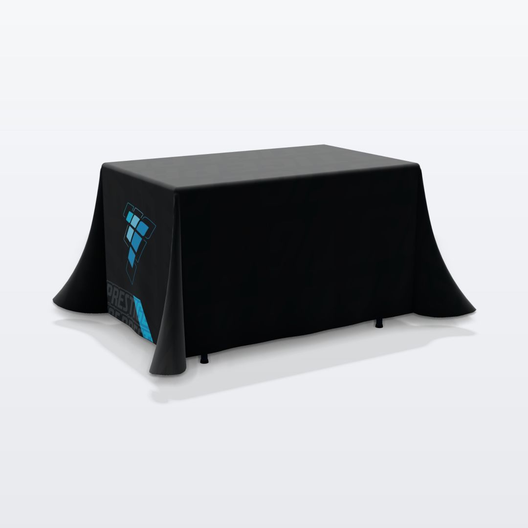 Custom printed 4 ft table throw, 4-sided (closed back), back view with the Prestige Films design