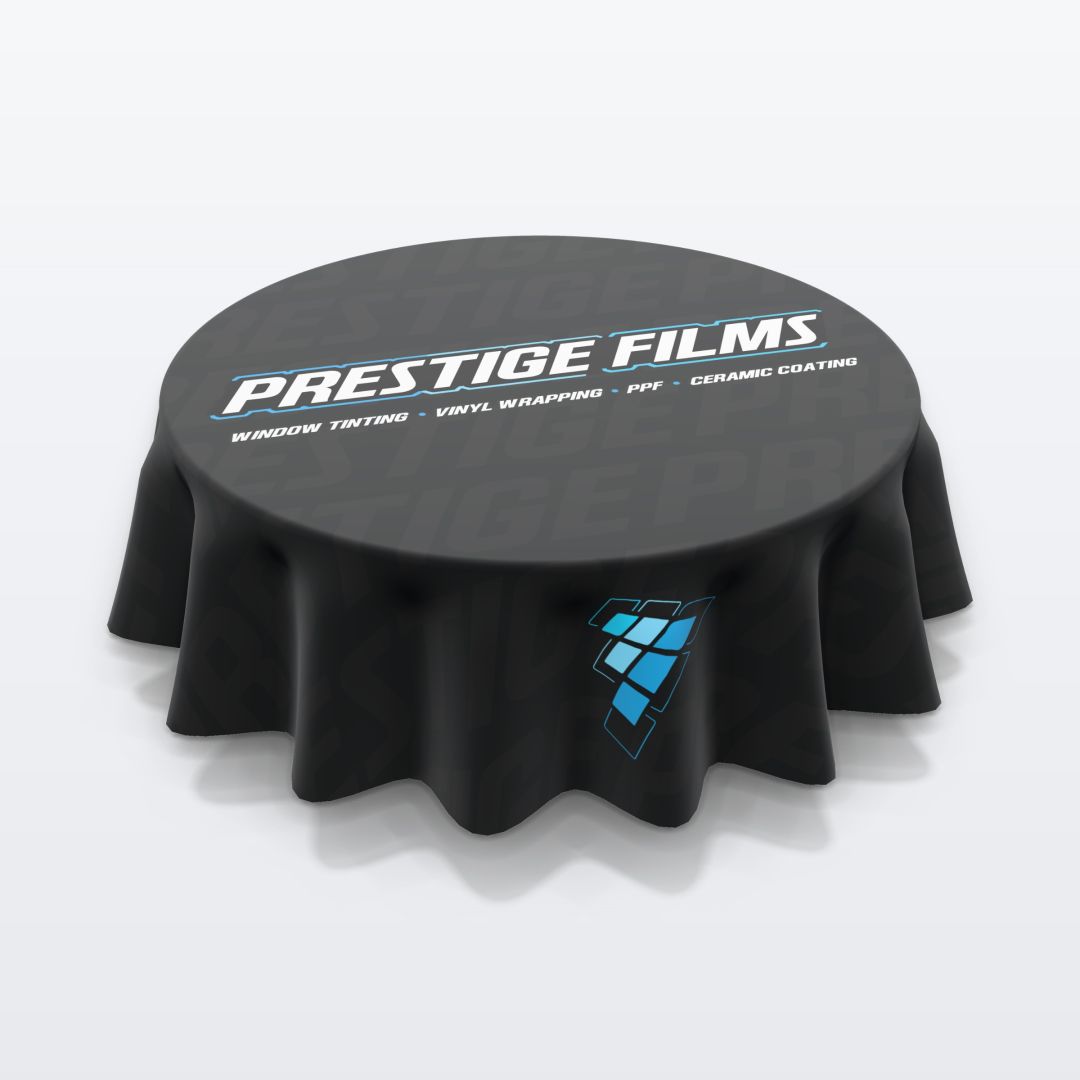 Custom printed 60 in round tablecloth, standard height with the Prestige Films design