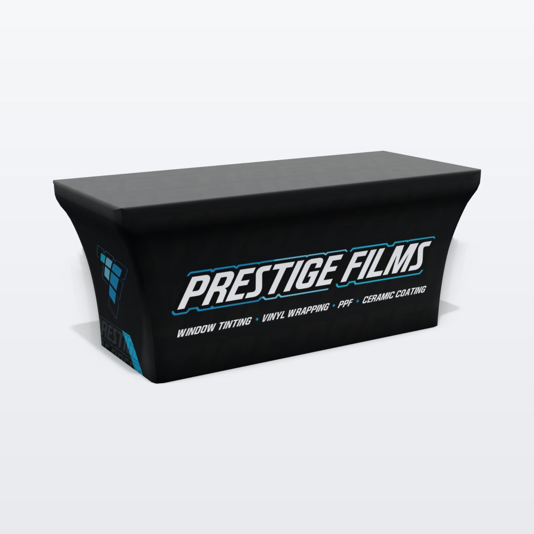 Custom printed 6 ft stretch table cover with the Prestige Films design