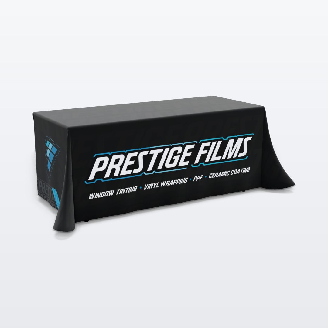 Custom printed 6 ft table throw, 3-sided (open back) with the Prestige Films design
