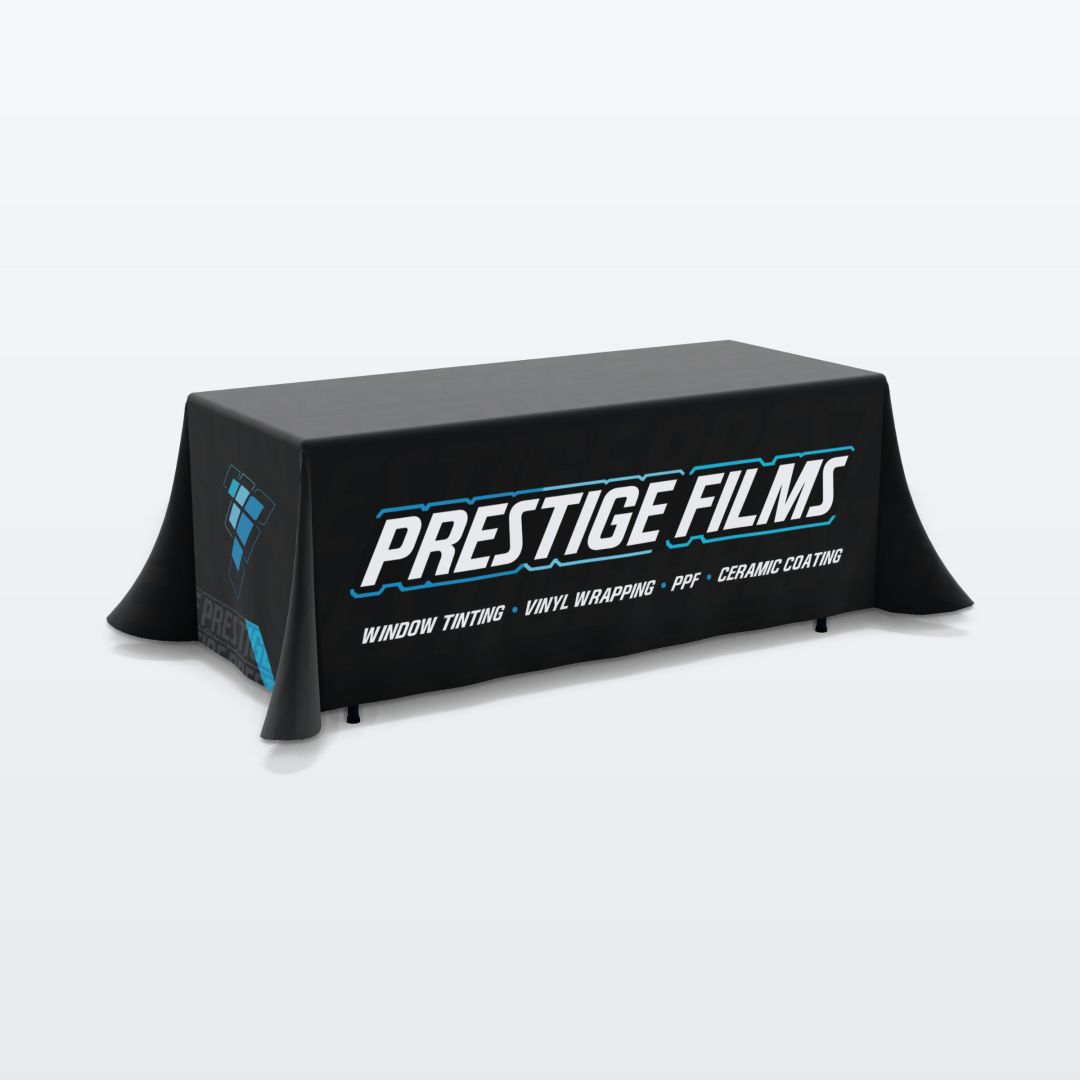 Custom printed 6 ft table throw, 4-sided (closed back) with the Prestige Films design