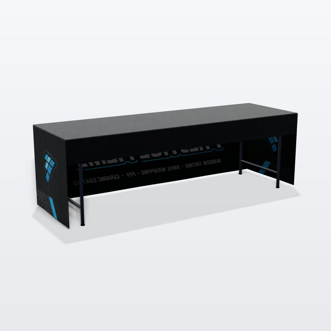 Custom printed 8 ft fitted table cover, open back, back view with the Prestige Films design