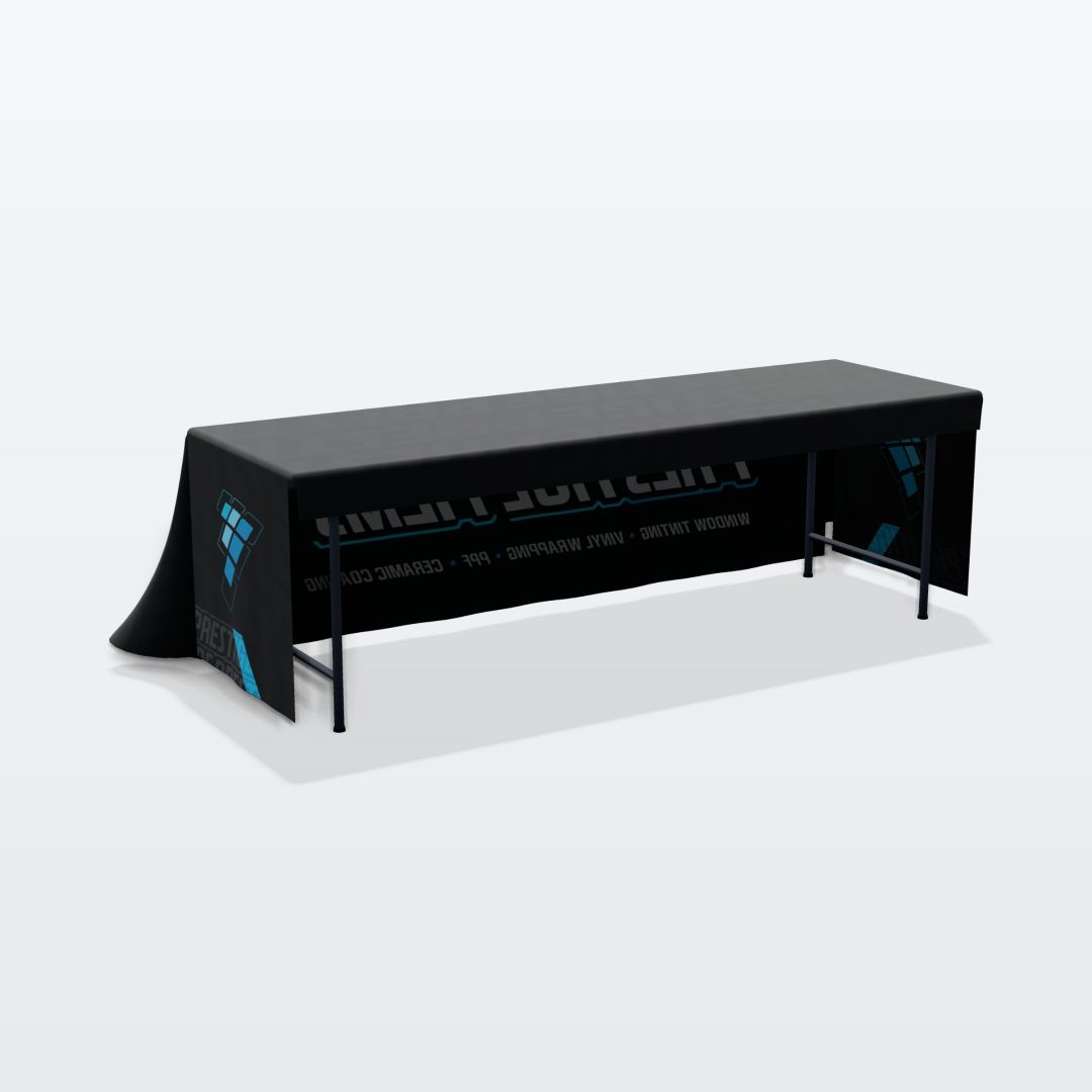 Custom printed 8 ft table throw, 3-sided (open back), back view with the Prestige Films design