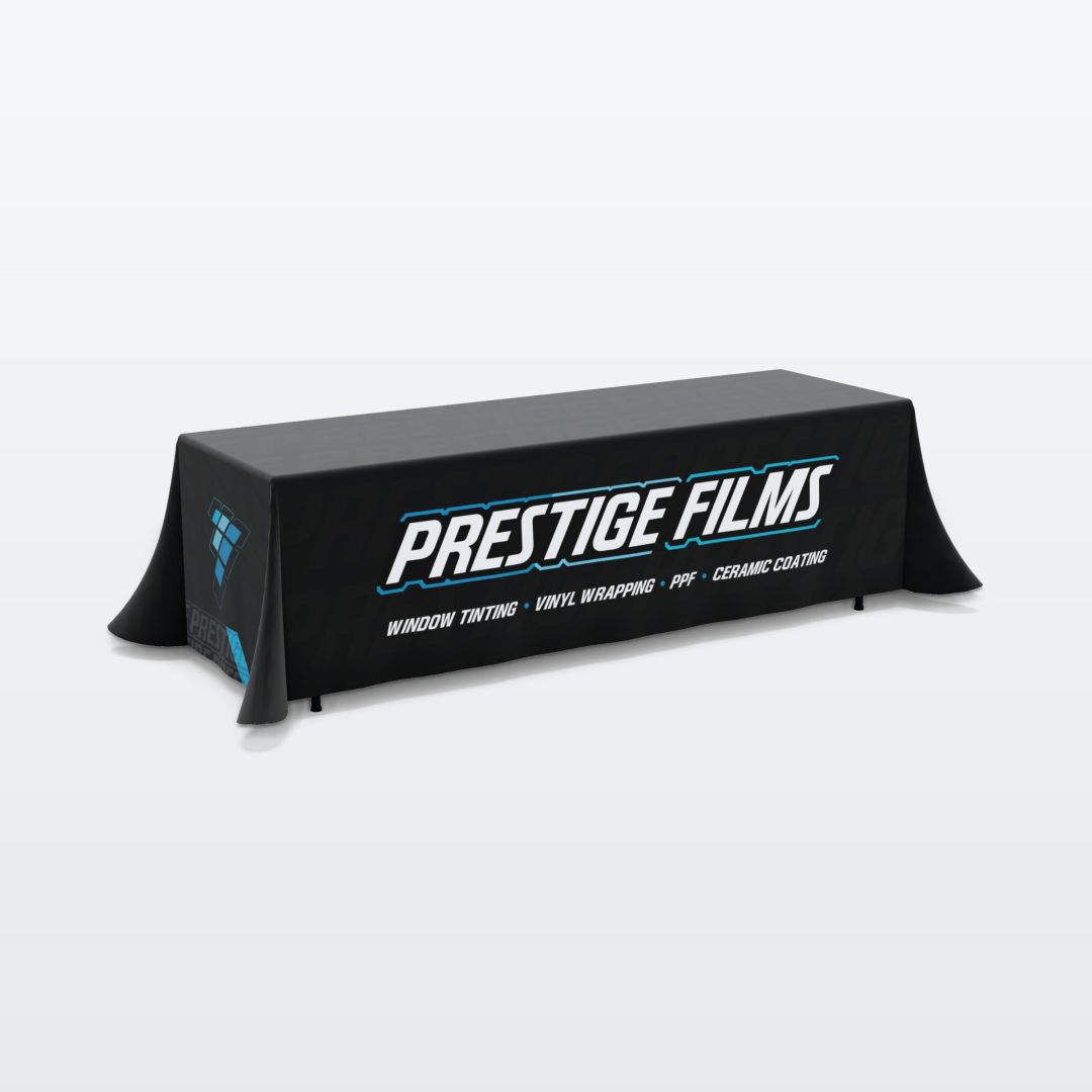 Custom printed 8 ft table throw, 4-sided (closed back) with the Prestige Films design