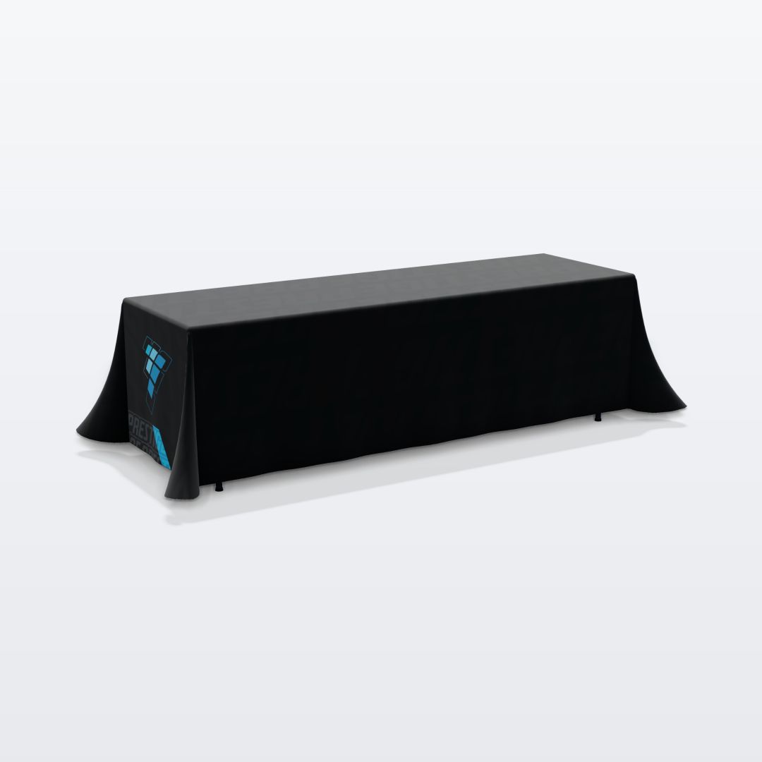 Custom printed 8 ft table throw, 4-sided (closed back), back view with the Prestige Films design