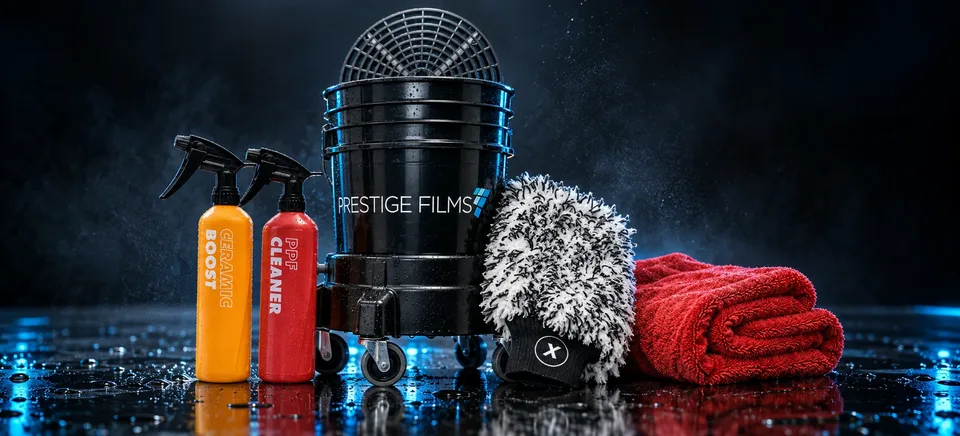 XPEL Ceramic Boost and PPF Cleaner beside a Prestige Films wash bucket, wash mitt and drying towel