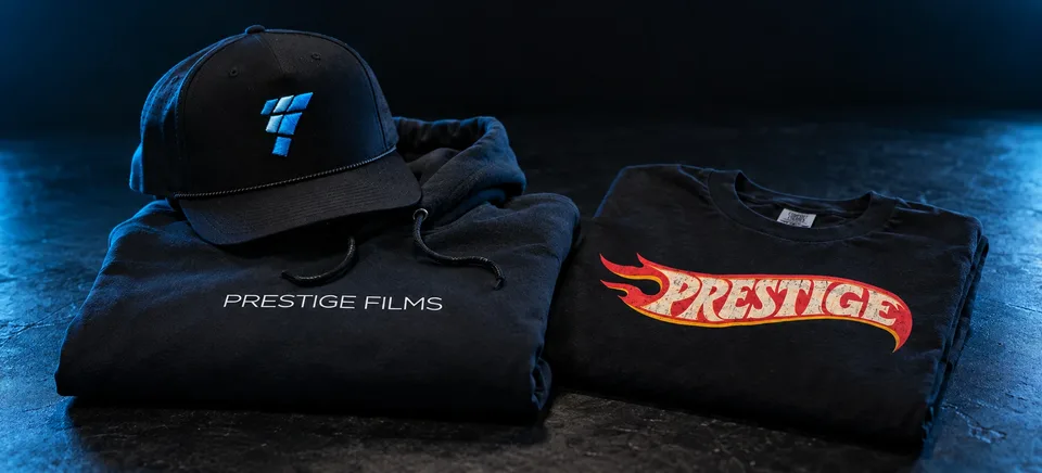 Prestige Films black hat, hoodie and tee