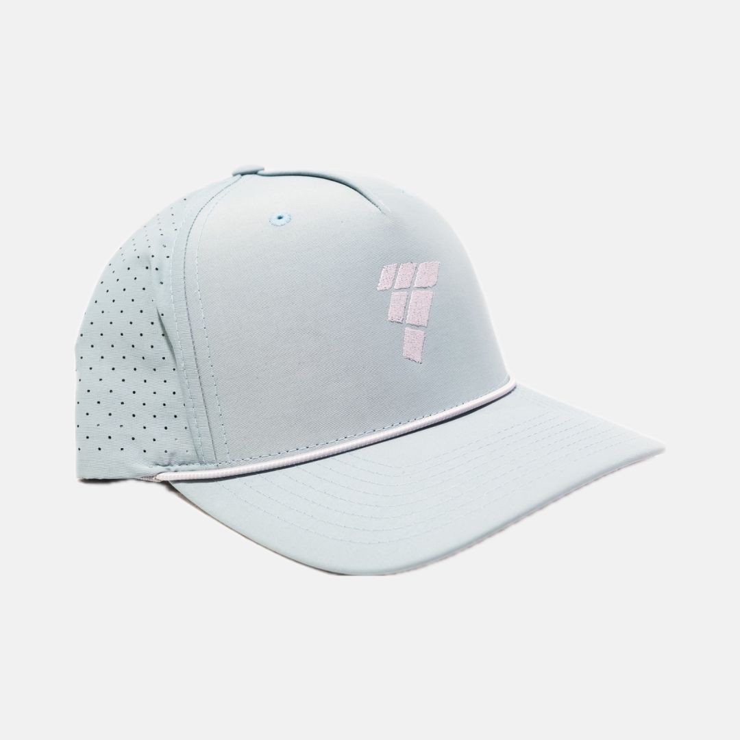 Light blue Prestige Films rope hat with embroidered icon logo and perforated side panels