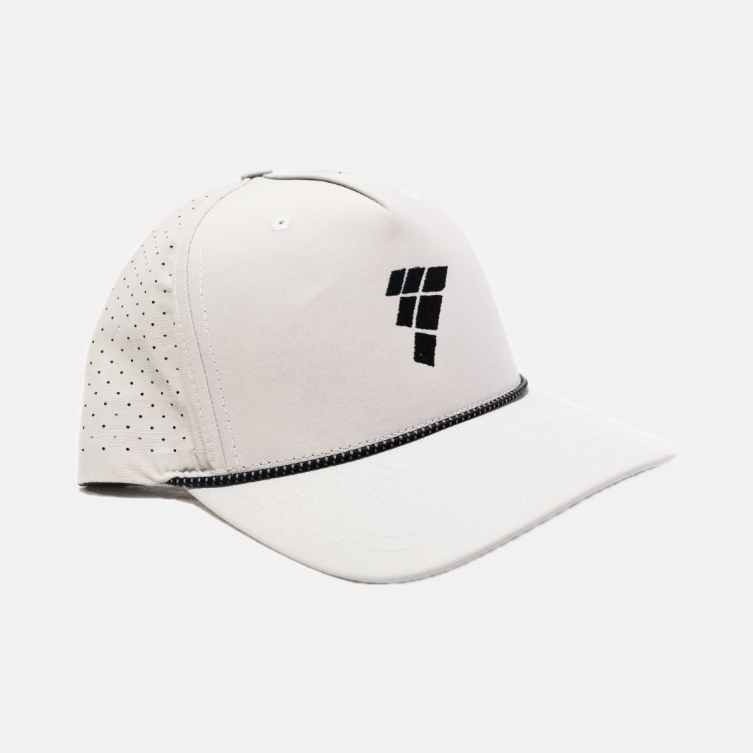 Light gray Prestige Films rope hat with black embroidered icon logo and black rope