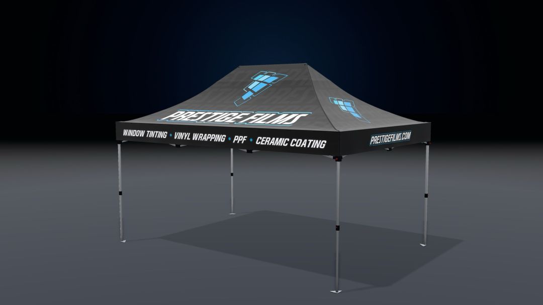 Our 10 × 15 ft custom event tent from the front corner, shown in our 3D designer