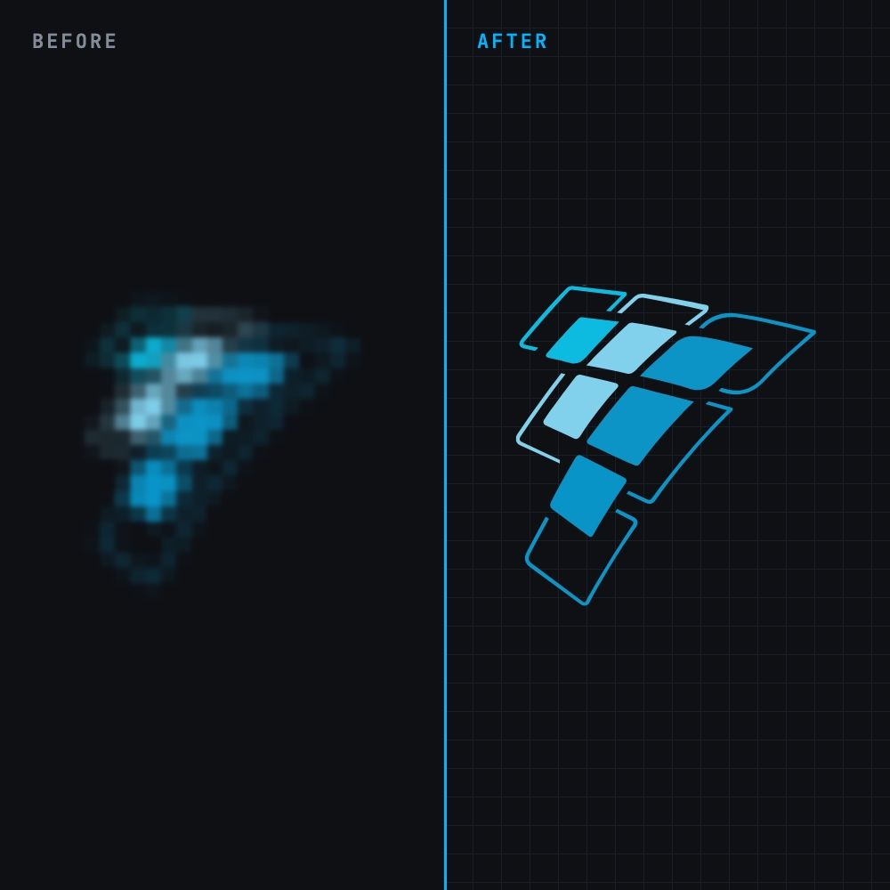 Before and after: a blurry pixelated logo and the same logo as a crisp vector file